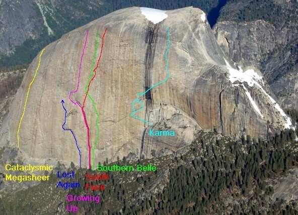 Topo showing (roughly) the line of Southern Belle on Half Dome's south face