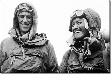 Sir Edmund Hillary with Tenzing Norgay after they summited Mt.<br><br> Everest in 1953