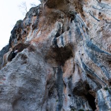 Looking up at Trebenna, a classic 5.11c which has alternate finishes at 5.13a and 5.14(?)